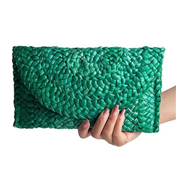 Val Boutique Handbags - Woven Straw Clutch Bag Envelope Summer Beach Purse Women Green